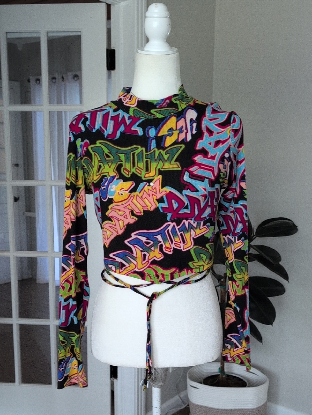 Rave wear Just Polly Black Multi Graffiti-Print Long Sleeve Top